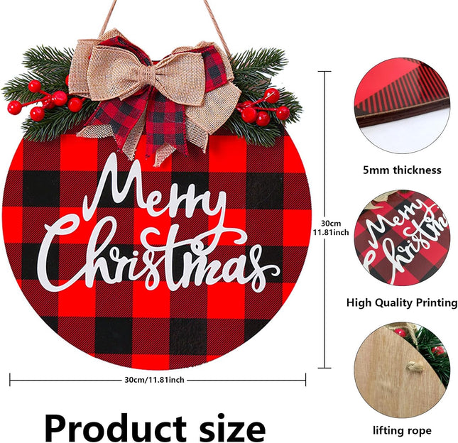 Merry Christmas Wood Sign Christmas Decoration Hanging Sign Christmas Wall Decor Rustic Wooden Plaid Wreath Christmas Decor Wood Round Yard Sign Farmhouse Christmas Front Door Sign