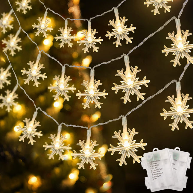 WATERGLIDE 2 Pack Christmas Snowflakes Lights, 50LED 24FT Outdoor Xmas Decorative String Lights, 8 Lighting Modes & Timer, Battery Operated Waterproof for Bedroom Party Garden Home Decor, Warm White