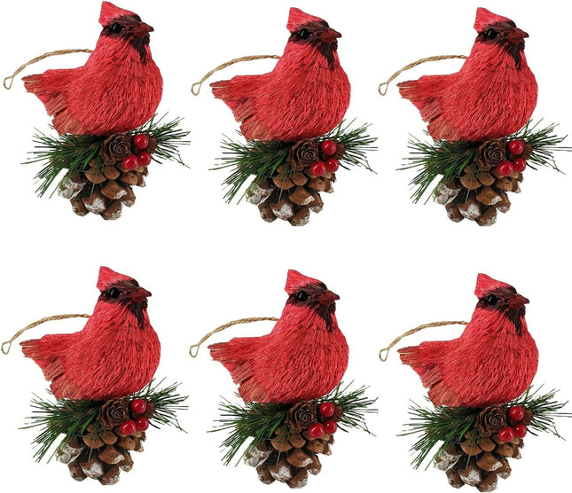Nature Vibe Sisal Cardinal Christmas Ornaments Set of 6,Natural Red Bird Ornaments for Christmas Tree Decorations,Realistic Woodland Animals Figurines as Rustic Christmas Decor