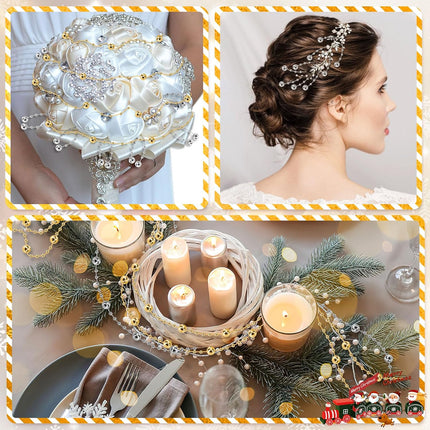 Jansun Christmas Tree Beads Garland, 2 Rolls 197 Feet Gold Silver Christmas Pearl Strands Chain Bead Garland for Christmas Tree Fireplace Wreath Crafts Wrapping Wedding Party Decoration