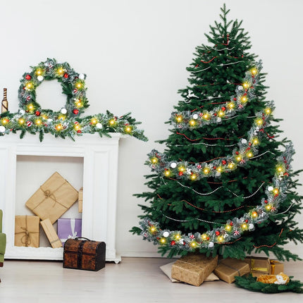 XunYee 18 FT Christmas Garland with Lights Xmas Prelit Garland Battery Operated Mantle Garland Decoration Red White Balls Snow Flocked Greenery Garlands for Front Door Fireplace Table Centerpiece