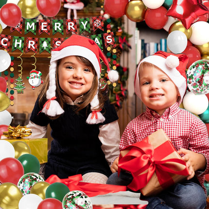 131 Pcs Christmas Decorations Indoor, Christmas Party Supplies - "MERRY CHRISTMAS" Banner, Photo Prop, Balloon Party Kit, Hanging Swirl, Fringe Curtain