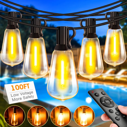 Outdoor String Lights for Patio, 100ft Waterproof Shatterproof Hanging Lights with Remote, Dimmable Outside Lighting for Porch Deck Garden Backyard