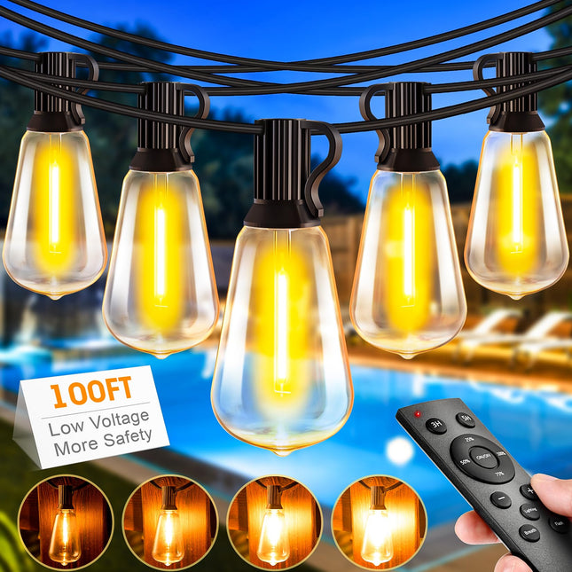 Outdoor String Lights for Patio, 100ft Waterproof Shatterproof Hanging Lights with Remote, Dimmable Outside Lighting for Porch Deck Garden Backyard