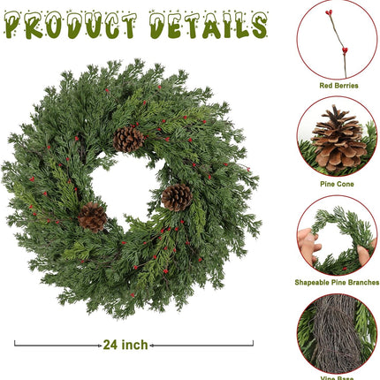 Real Touch Norfolk Pine Christmas Wreath 24 Inch Christmas Wreaths for Front Door Winter Wreath Faux Outdoor Wreaths Christmas Decorations Indoor Outside Window Home Holiday Thanksgiving Green