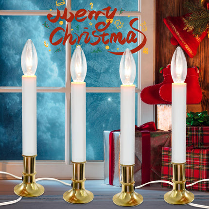 Abeja 4 Pack Christmas Electric Window Candle Lights with Gold Base, Dusk to Dawn Candle Lamps with 7W E12 Base Incandescent Bulbs Plug in Candle Lights for Window Lights Decor Party Xmas Table Top