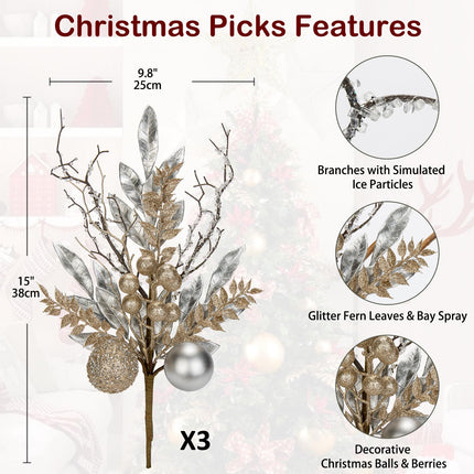 3 Pcs Christmas Glitter Leaves Fern Stems with Ball Ornament, Bay Leaves, 15 Inch Artificial Christmas Picks Floral Branches for Christmas Tree, Xmas Wreath, Centerpieces, Home Decor - Champagne