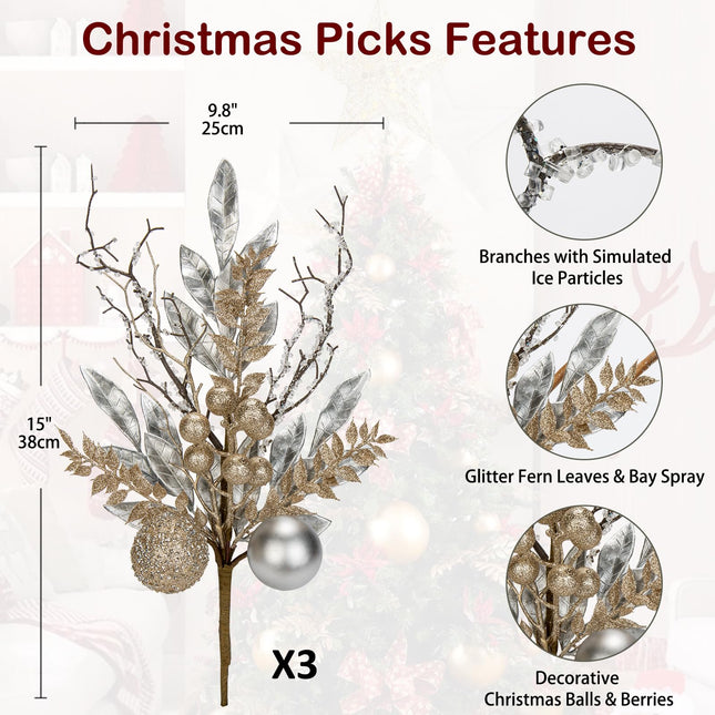 3 Pcs Christmas Glitter Leaves Fern Stems with Ball Ornament, Bay Leaves, 15 Inch Artificial Christmas Picks Floral Branches for Christmas Tree, Xmas Wreath, Centerpieces, Home Decor - Champagne