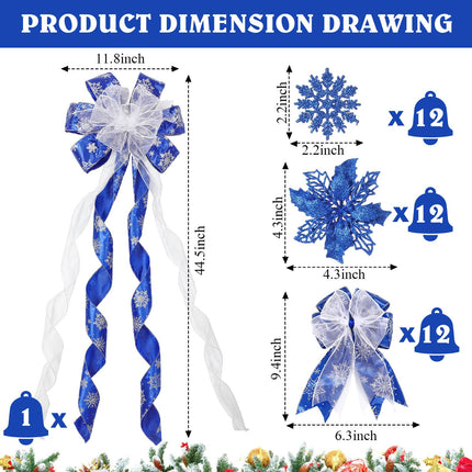 Zeyune 37 Pcs Christmas Tree Decoration Set with Large Christmas Decorative Bow Topper 12 Glitter Poinsettia Flowers 12 Plastic Xmas Snowflake 12 Ribbon Bow for Holiday Party Ornaments (Blue)