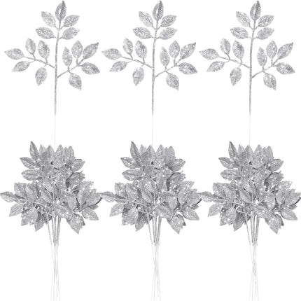 Chuangdi 30 Pcs Christmas Glitter Picks 12 Inch Artificial Xmas Tree Sprigs and Twigs Glitter Spray Christmas Trees Leaves Plastic Xmas Decoration Fake Bunch Stem for DIY Garland Wreath(Silver)