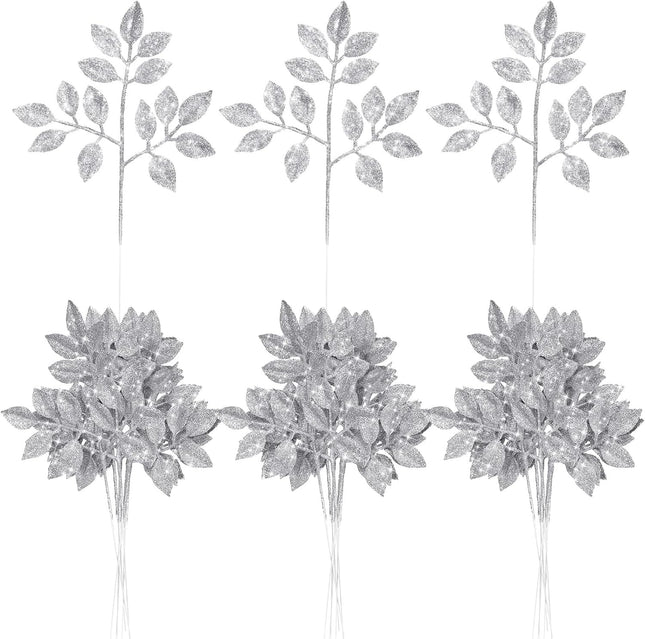 Chuangdi 30 Pcs Christmas Glitter Picks 12 Inch Artificial Xmas Tree Sprigs and Twigs Glitter Spray Christmas Trees Leaves Plastic Xmas Decoration Fake Bunch Stem for DIY Garland Wreath(Silver)
