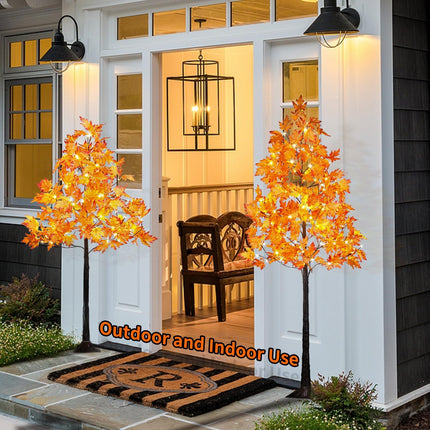 Lighted Maple Leaf Tree, 2 Pack Prelit Orange Artificial Fall Trees (5FT and 6FT) for Indoor Outdoor Decor Garden Wedding Party Bedroom Thanksgiving Decoration