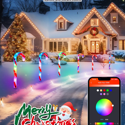 Brightown Smart Candy Cane Lights Outdoor Pathway, 6 Packs RGB LED Outdoor Candy Cane Decorations with 55 Preset Modes, App or Remote Control, Music Sync, Memory and Timer Function