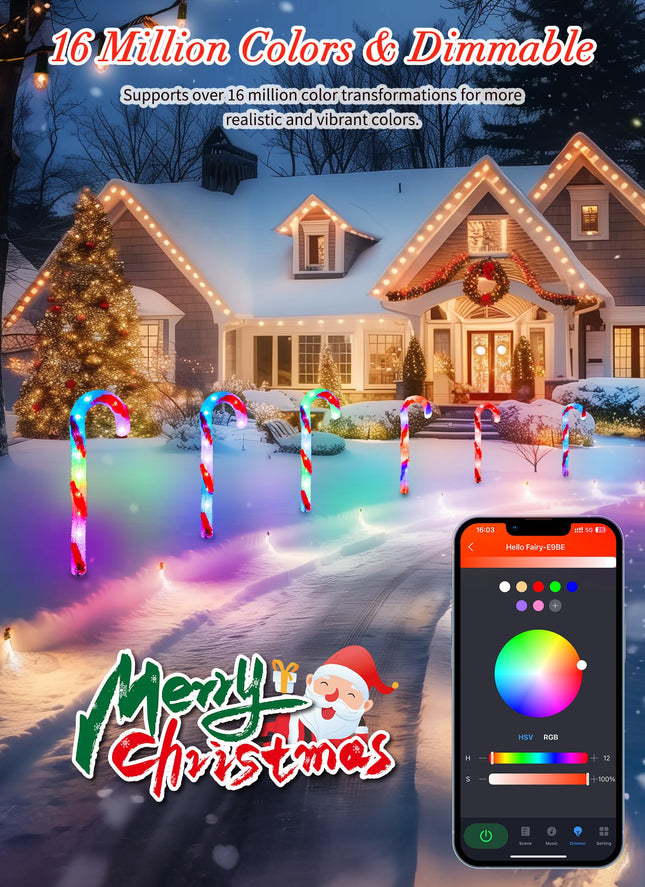 Brightown Smart Candy Cane Lights Outdoor Pathway, 6 Packs RGB LED Outdoor Candy Cane Decorations with 55 Preset Modes, App or Remote Control, Music Sync, Memory and Timer Function