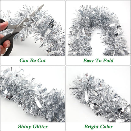 50FT Silver Christmas Tinsel Garland - Metallic Tinsel Twist Garland for Christmas Tree Decorations, Xmas Tree Decor Home Indoor Holiday Party Supplies