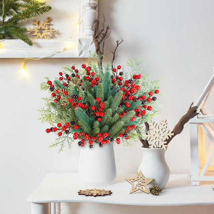 Winlyn 60 Pcs Christmas Artificial Pine Branches Red Berry Picks Fake Greenery Plants Pine Sprigs Christmas Tree Stems 8.1"-12" for Holiday Christmas Tree DIY Garland Centerpiece Floral Arrangement