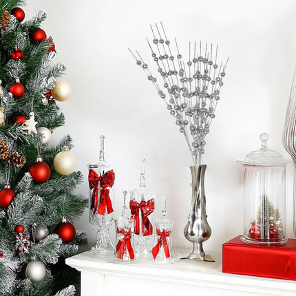 24 Pack Christmas Glitter Berry Stems, Artificial Decorative Branches for Tree, Festive Bead Sticks for Holiday Wreath Ornaments, Decorative Christmas Picks Glittery Twigs, DIY Home Decor (Sliver)