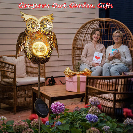Go2garden Solar Lights Outdoor Owl Decorative Metal Stakes Lights Crackle Glass Light for Lawn, Yard Art, Pathway, Patio Decor,Mothers' Day (Bronze)