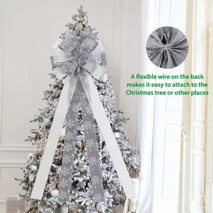 Christmas Tree Topper Bow, 53X13 Inch Artificial Xmas Tree Topper Ornaments for Home, Wedding, Birthday Party, Indoor Outdoor Thanksgiving Christmas Decorations, Grey & Silver