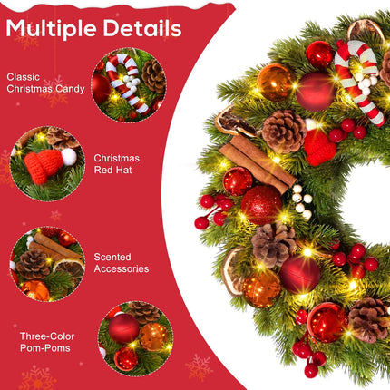 Quntis 16 Inch Christmas Wreath with 40 Lights 8 Modes, Lovely Christmas Door Wreath Decorations Artificial Xmas Wreath with PineCones Dried Lemon Pieces, Winter Wreaths Outdoor Porch Fireplace Window