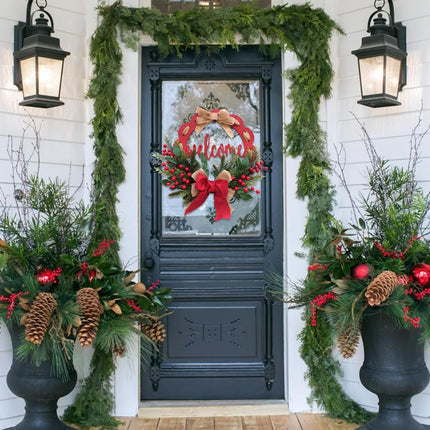 Tempus 16 Inch Wooden Board Circle Wreath Artificial Christmas Wreath Christmas Ribbon Wreath with Welcome Sign for Front Doors, Walls, farmhouses, Holiday Parties, Interior Decorations