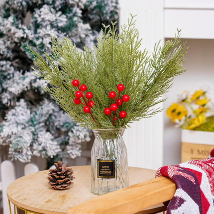 40 PCS Christmas Artificial Pine Branches with Red Berry Stems, 13.4" Christmas Faux Cedar Stems, Fake Christmas Greenery Pine Picks, Fake Foliage Pine Needles Picks for DIY Craft Garland Home Decor