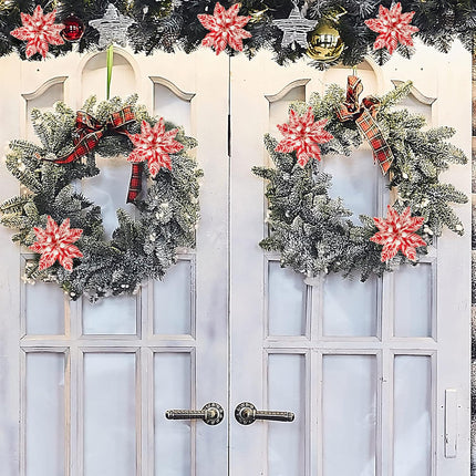 Red White Poinsettia Artificial Christmas Flowers Decoration Christmas Flowers Snow Spray Christmas Tree Picks Decorative Christmas Flower Stem for Xmas Wreath Decorations(24 Pieces,5.5 Inches)