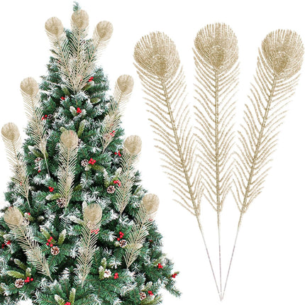 12 Pieces Artificial Peacock Feather Glitter Leaves Christmas Picks Sprays for Xmas Tree Decoration Vase Filler Flower Arrangment Christmas Wreath DIY Crafts Decor (Champagne)