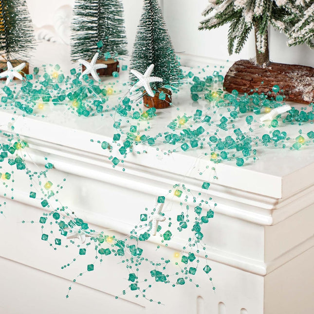 Christmas Beaded Starfish Garland Beach Decor Ocean Coastal Themed Beach Diamond Beads Garland with White Starfish Beaded Garland for Xmas Tree Wedding Beach Party Decor (with Lights, 33 Feet)