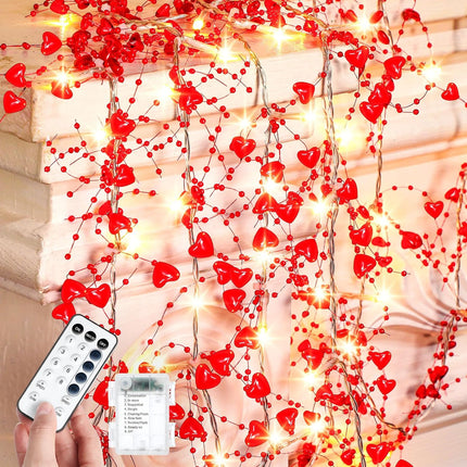 Christmas Decor 13ft 40 LED Heart String Lights Christmas Garland with Hearts and Beads Battery Operated Romantic Christmas Light Decoration for Tree Party Wedding(Red)
