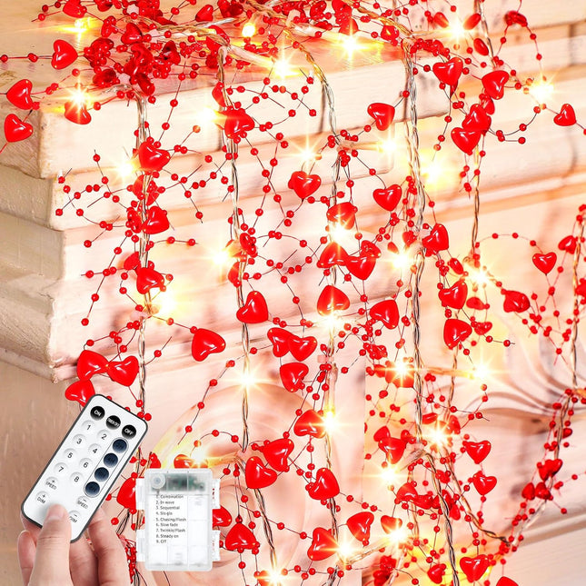 Christmas Decor 13ft 40 LED Heart String Lights Christmas Garland with Hearts and Beads Battery Operated Romantic Christmas Light Decoration for Tree Party Wedding(Red)