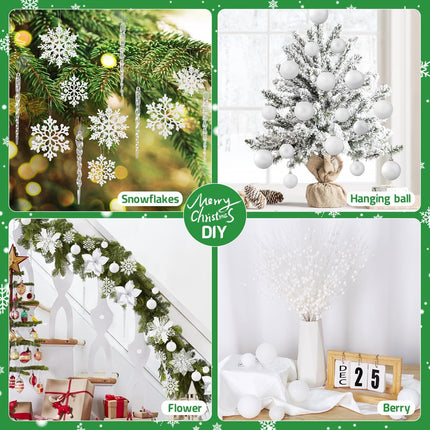 ‎LHMTQVK 92PCS Christmas Decorations, Christmas Tree Ornaments, Christmas Balls, Snowflake Decor, Hanging Clear Acrylic Crystal, Artificial Christmas Flowers, Glitter Berry Stems (White)