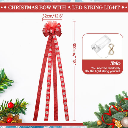 XunYee Large Christmas Tree Topper Bow 12.6 inch Lighted up Christmas Bow with 4 Snowflake Ribbon Streamers x 3 Yards Long Each for Xmas Christmas Tree Decor(Red)