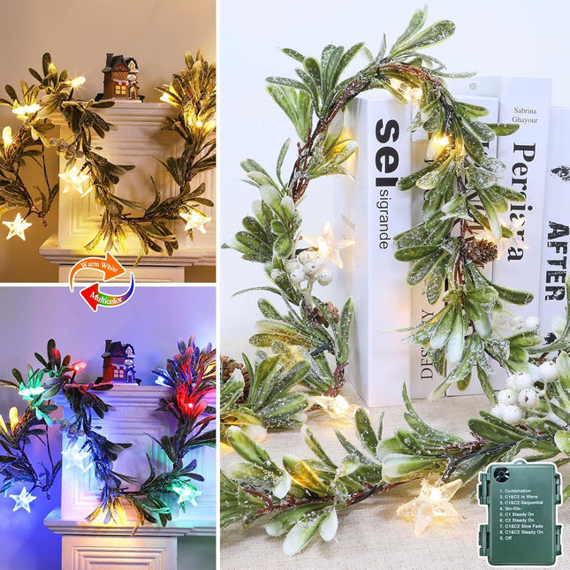 6 FT Flocked Olive Christmas Garland-Prelit 20 Warm White&Colored Changing Lights, White Berry Snowy Pinecorn Star Battery Operated Timer 8 Modes, Small Lighted Cedar Garland Fireplace Mantle Decor