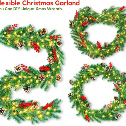 6FT Lighted Garland Christmas Decorations with Timer, Prelit Christmas Garland Christmas Garland with Lights Indoor Outdoor Christmas Garland for Stairs Railing Mantle Fireplace Staircase