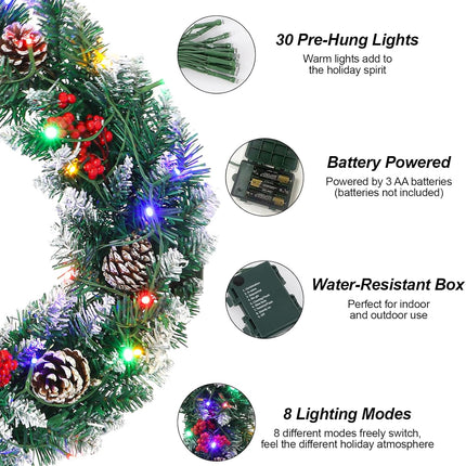 Christmas Wreath, Outdoor Lighted Wreaths for Christmas, Front Door Christmas Wreaths with 30 LED, Pre-Lit Battery Powered Christmas Door Decorations with Pine Cones, Berry Clusters, 18 Inches