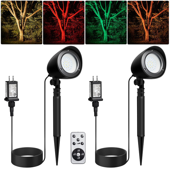SURAIELEC Christmas Spotlights Outdoor, Remote Control LED Spot Light with Timer, Plug in Yard Spotlight for Trees, Garden Holiday Decor, Red Green Yellow Warm Glow, Waterproof, 10FT Cord, 2 Pack