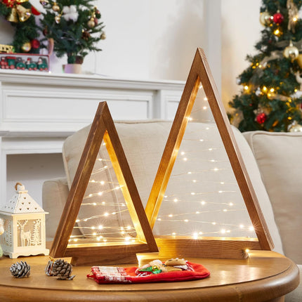 2 Pcs Wood Christmas Tree with Lights-Modern Farmhouse Christmas Wooden Tree Centerpieces for Tables Christmas Holiday Decorations Home Party Table Fireplace Mantle Shelf Decor(Brown)