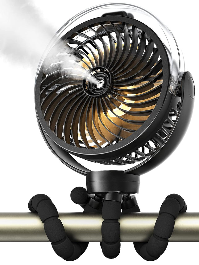 Misting Stroller Fan, 6000Mah Battery Operated Portable Fan With Light 360° Pivoting, Personal Fan With Flexible Tripod For Baby