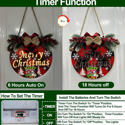 Pre-Lit & Timer Grandeal Christmas Wreaths for Front Door Sign Lighted Hollow Merry Christmas Sign Buffalo Plaid Christmas Decorations Battery Operated Xmas Hanging Window Wall Home Decor Farmhouse