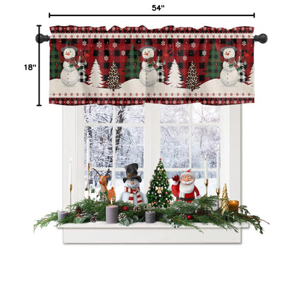Christmas Snowman Curtain Valances for Windows Living Room, Winter Snowflake Xmas Tree Curtain Toppers and Valances for Bedroom, Bird Red Black Plaid Rod Pocket Kitchen Curtains Valances 54"x18"
