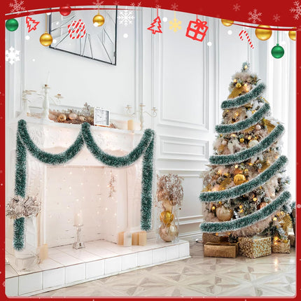 50FT Green Christmas Tinsel Garland Xmas Tree Garland Decorations Metallic Tinsel Glitter Twist Garland Hanging Streamers for Indoor Outdoor Decor Holiday Party Supplies(Green&White)