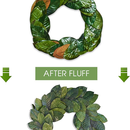 30" Faux Magnolia Leaf Wreath - 2-Tone Green Artificial Boho Wreaths for Front Door, Kitchen, Home- Polyester, Metal Wire, Tape - Farmhouse Decor for Christmas, Wedding, Baby Shower