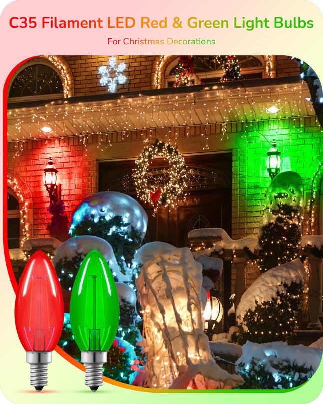 EDISHINE Christmas C35 Red & Green Dimmable LED Light Bulbs, 5W Equivalent 60W, LED Filament Light Bulb, 6 Pack E12 Socket, Clear Glass Edison Bulb for Christmas, Holiday, Porch, UL Listed