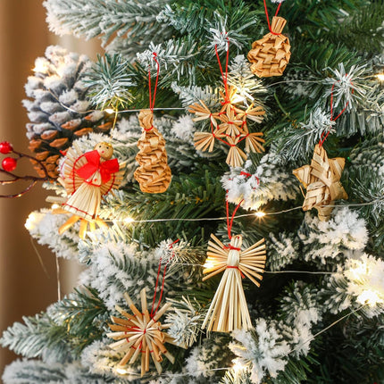 56 Pcs Straw Ornaments Set Scandinavian Christmas Decorations Including Stars Snowflakes Hearts Angel Wreath Goats/Julbuck for Danish Norwegia Nnordic Christmas Tree (Heart)