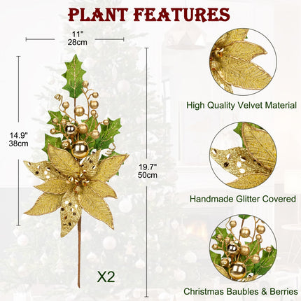 2PCS Christmas Tree Picks Gold Christmas Floral Pick 19.7" Christmas Stems with Ornaments Glitter Leaves Berries Artificial Poinsettia for Xmas Tree Filler Branches Garland Wreath Centerpieces Decor