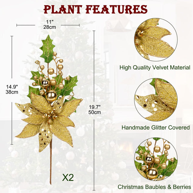 2PCS Christmas Tree Picks Gold Christmas Floral Pick 19.7" Christmas Stems with Ornaments Glitter Leaves Berries Artificial Poinsettia for Xmas Tree Filler Branches Garland Wreath Centerpieces Decor