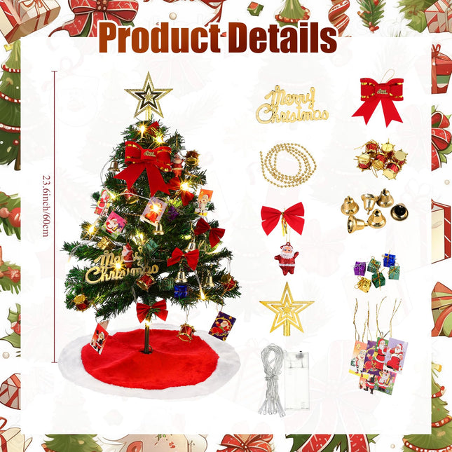 Aoriher 24" Mini Christmas Tree Set with Lights Tabletop Boxes Hanging Ornaments 15" Miniature Red Plush Tree Skirt Plush Christmas Tree Mat for DIY Christmas Decorations Home Bedroom