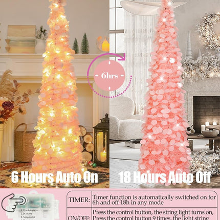 HMASYO 5 FT Pop Up Christmas Tree with Timer Lights, Pink Tinsel Christmas Tree, Collapsible Artificial Pencil Christmas Tree for Indoor Home Apartment Porch Holiday Party Decorations