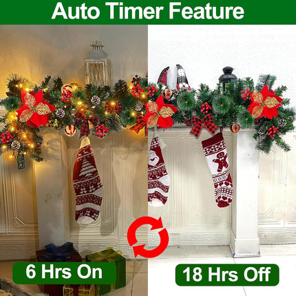 6 Ft 50 LED Prelit Christmas Garland Lights Decoration Timer Battery Operated 8 Modes 20 Snowy Bristle Pine,3 Bows,4 Poinsettia,3 Ball Ornaments,12 Snowy Pinecone,132 Red Berries for Home Indoor Decor